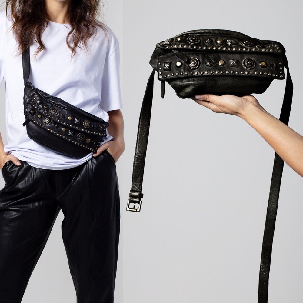 Studded Black Italian Leather Belt Bag